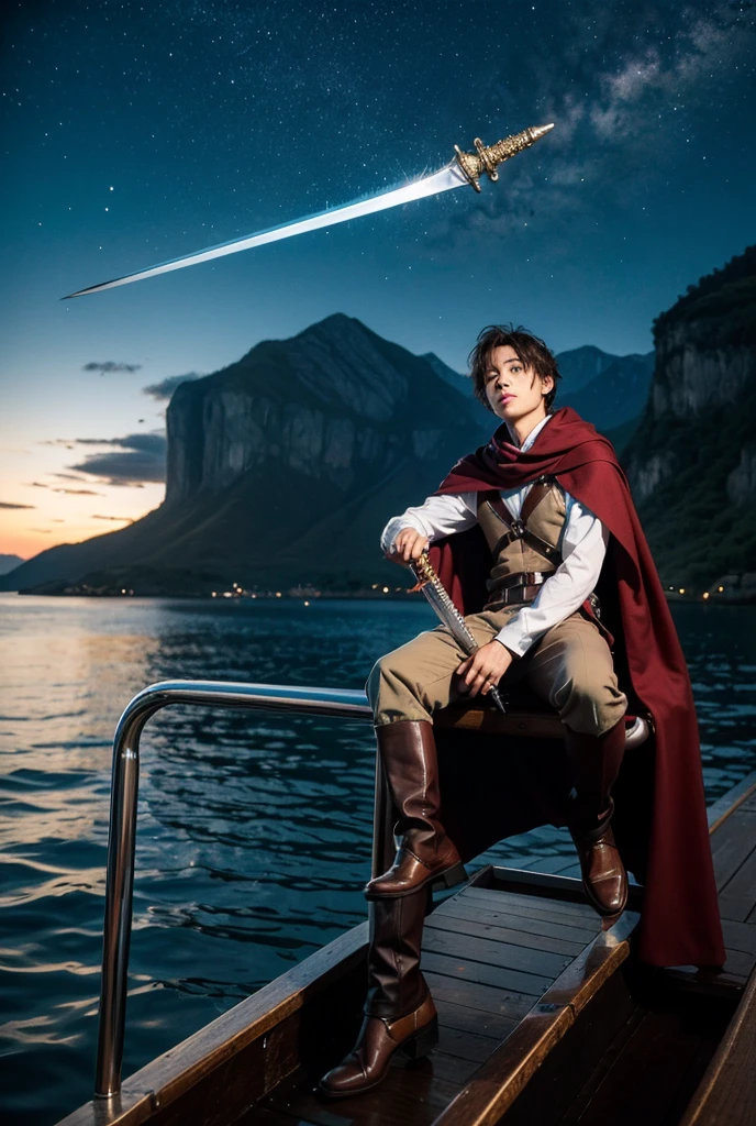 Boy sitting on a boat, Sword in hand, capes, solitude, high res, star ocean, Vista, 𝓡𝓸𝓶𝓪𝓷𝓽𝓲𝓬, small