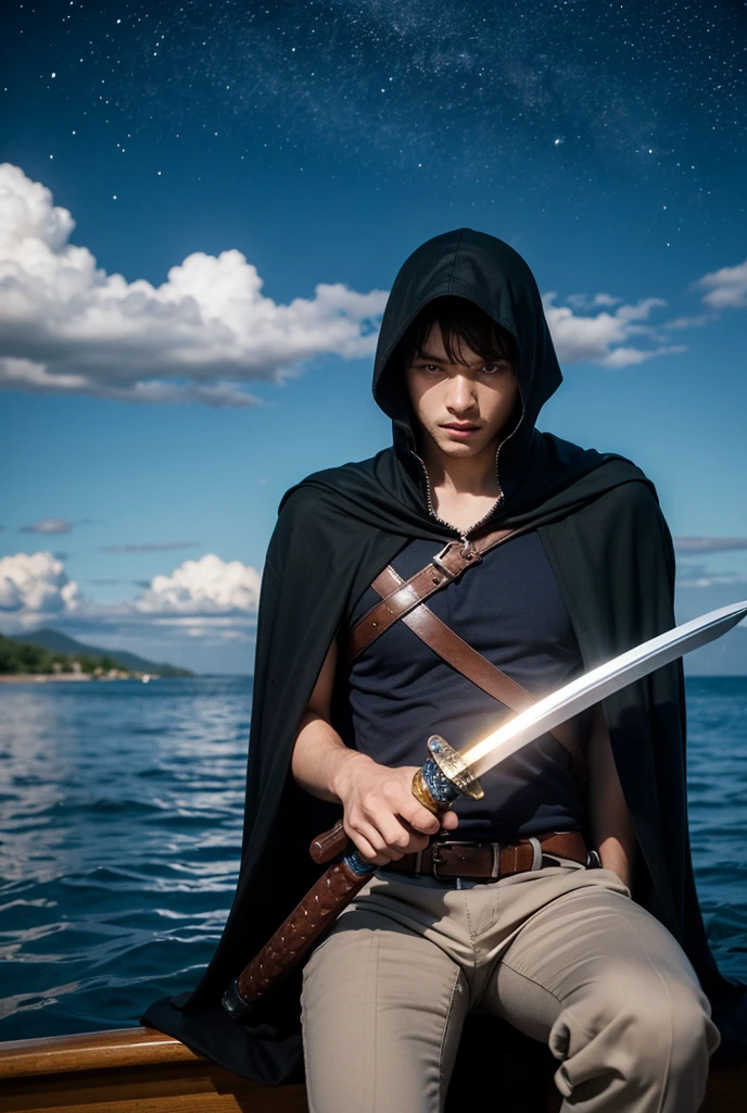 Boy sitting on a boat, Sword in hand, capes, solitude, high res, star ocean, Vista, 𝓡𝓸𝓶𝓪𝓷𝓽𝓲𝓬, small