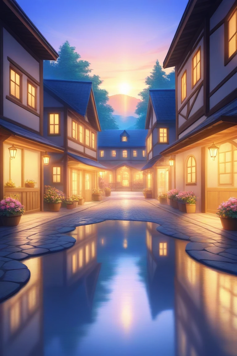 , a small riverside village,The background is mountains,Flowers bloom,vibrant with colors,Detailed scenery,Beautiful natural landscape,Ambiance Lighting,Scorching sunset,a warm color palette,utility,utility摄影,Delicate leaves,Complex architecture , cobblestone streets , charming country cottages , swirling bright colors, dense vegetation ,Still water reflections,picturesque,Leisure and tranquility,artwork of a,Best quality,8k,Extremely detailed,anime style