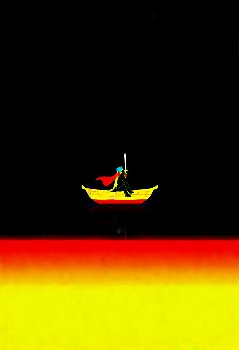Boy sitting on a boat, Sword in hand, capes, solitude, high res, star ocean, Vista, 𝓡𝓸𝓶𝓪𝓷𝓽𝓲𝓬, small