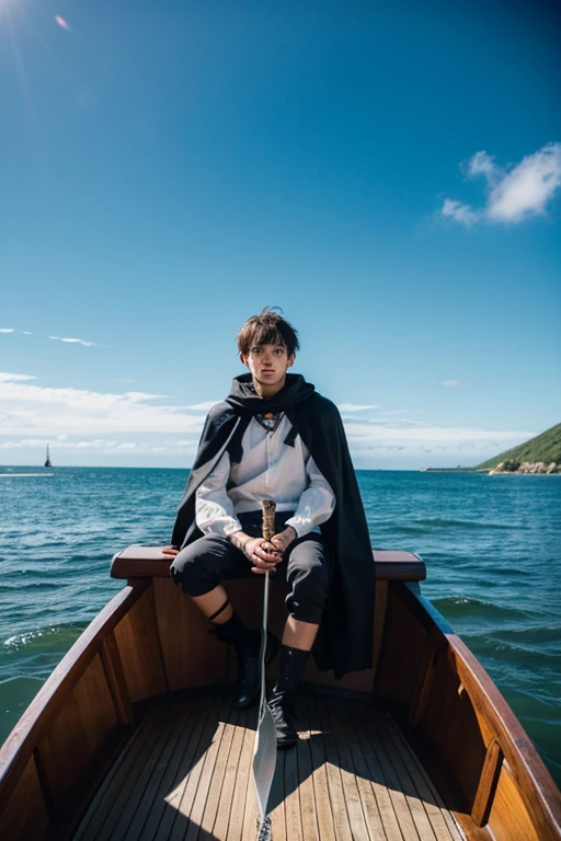 Boy sitting on a boat, Sword in hand, capes, solitude, high res, star ocean, Vista, 𝓡𝓸𝓶𝓪𝓷𝓽𝓲𝓬, small