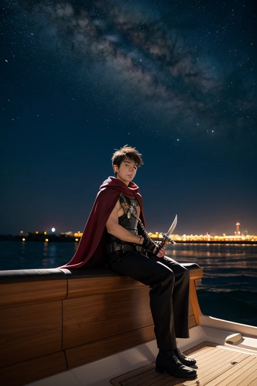 Boy sitting on a boat, Sword in hand, capes, solitude, high res, star ocean, Vista, 𝓡𝓸𝓶𝓪𝓷𝓽𝓲𝓬, small