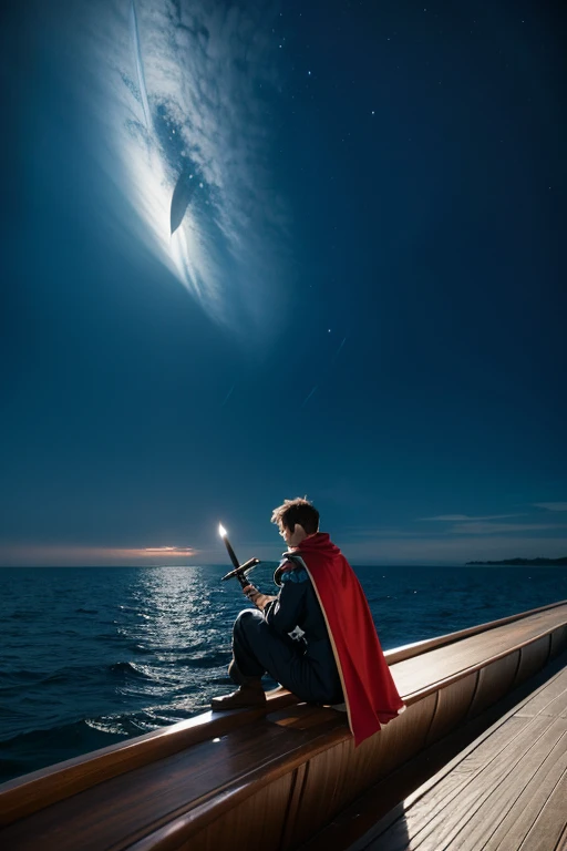 Boy sitting on a boat, Sword in hand, capes, solitude, high res, star ocean, Vista, 𝓡𝓸𝓶𝓪𝓷𝓽𝓲𝓬, small