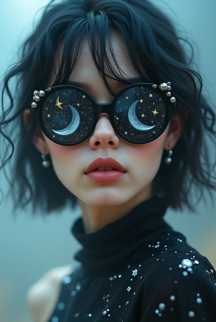 Model wearing glass sunglasses,There are stars and moon on the lens