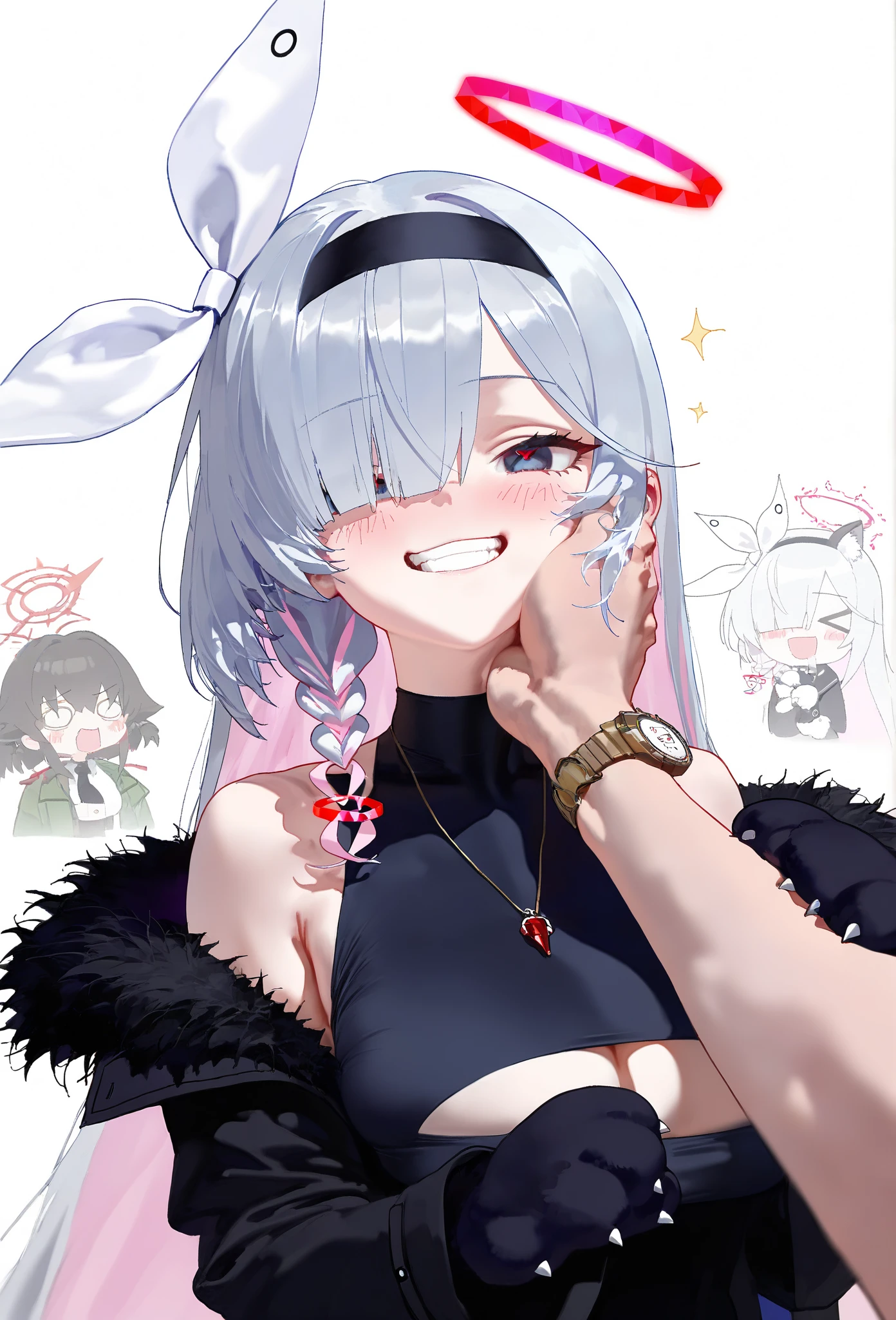nyalia,
1girl, Animal hands, plana \(Blue Archive\), black, white background, inner strength, The halo, hod hands, 黑The eye, paw gloves, hod, gloves, black shairband, long hair, sleeveless, inner strength形The halo, red The halo, (inner strength-shaped The halo:1.1), cat paws, simple background {x} colored inner hair {x} inner strength形The halo {x} simple background {x} colored inner hair {x} inner strength形The halo {x} shaped pupil {x} symbolic pupil {x} Hand on someone else's face {x} Hand on another person's face, black neck chain, Fur trim, shairband, symbol-shaped pupils, close eyes, colored inner hair, woven, inner strength形The halo, multicolour hair, neck chain, watch the audience, single woven, focused only, pink hair, Spare clothing, gray hair, Circle Face Mark, inner strength-shaped pupils, Blush, red pupils, 1 boy, upper body, Keep one's mouth shut , Bare shoulders, Cheek pumpkin, pink The halo, coda, pink student, cat coda, Off-the-shoulder, black gloves, lain, two tone color hair, hair on one eye, Smile , animal ear fluff, Big breasts teacher \(Blue Archive\), black外套, gray hair, longer sleeves,