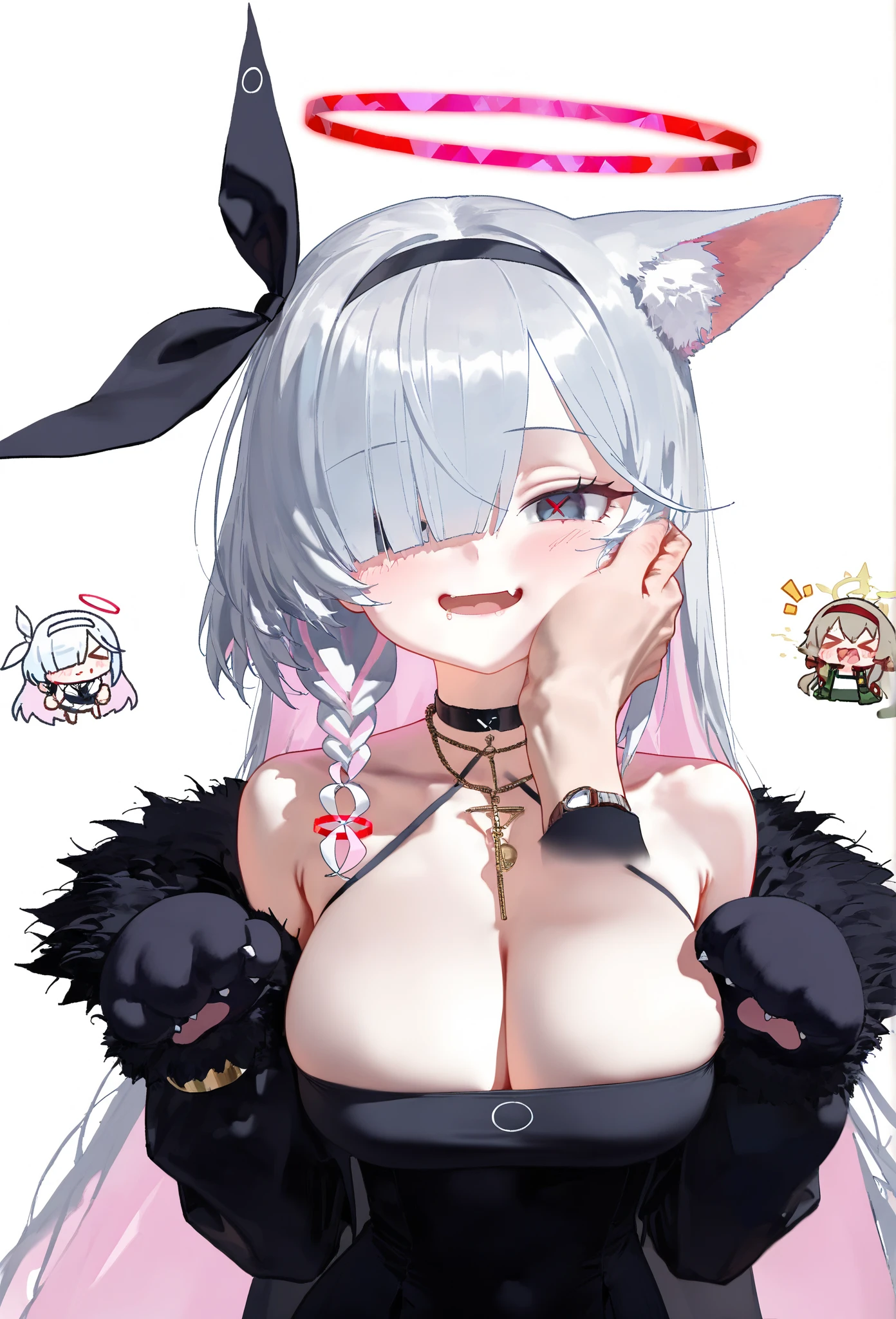 nyalia,
1girl, Animal hands, plana \(Blue Archive\), black, white background, inner strength, The halo, hod hands, 黑The eye, paw gloves, hod, gloves, black shairband, long hair, sleeveless, inner strength形The halo, red The halo, (inner strength-shaped The halo:1.1), cat paws, simple background {x} colored inner hair {x} inner strength形The halo {x} simple background {x} colored inner hair {x} inner strength形The halo {x} shaped pupil {x} symbolic pupil {x} Hand on someone else's face {x} Hand on another person's face, black neck chain, Fur trim, shairband, symbol-shaped pupils, close eyes, colored inner hair, woven, inner strength形The halo, multicolour hair, neck chain, watch the audience, single woven, focused only, pink hair, Spare clothing, gray hair, Circle Face Mark, inner strength-shaped pupils, Blush, red pupils, 1 boy, upper body, Keep one's mouth shut , Bare shoulders, Cheek pumpkin, pink The halo, coda, pink student, cat coda, Off-the-shoulder, black gloves, lain, two tone color hair, hair on one eye, Smile , animal ear fluff, Big breasts teacher \(Blue Archive\), black外套, gray hair, longer sleeves,
