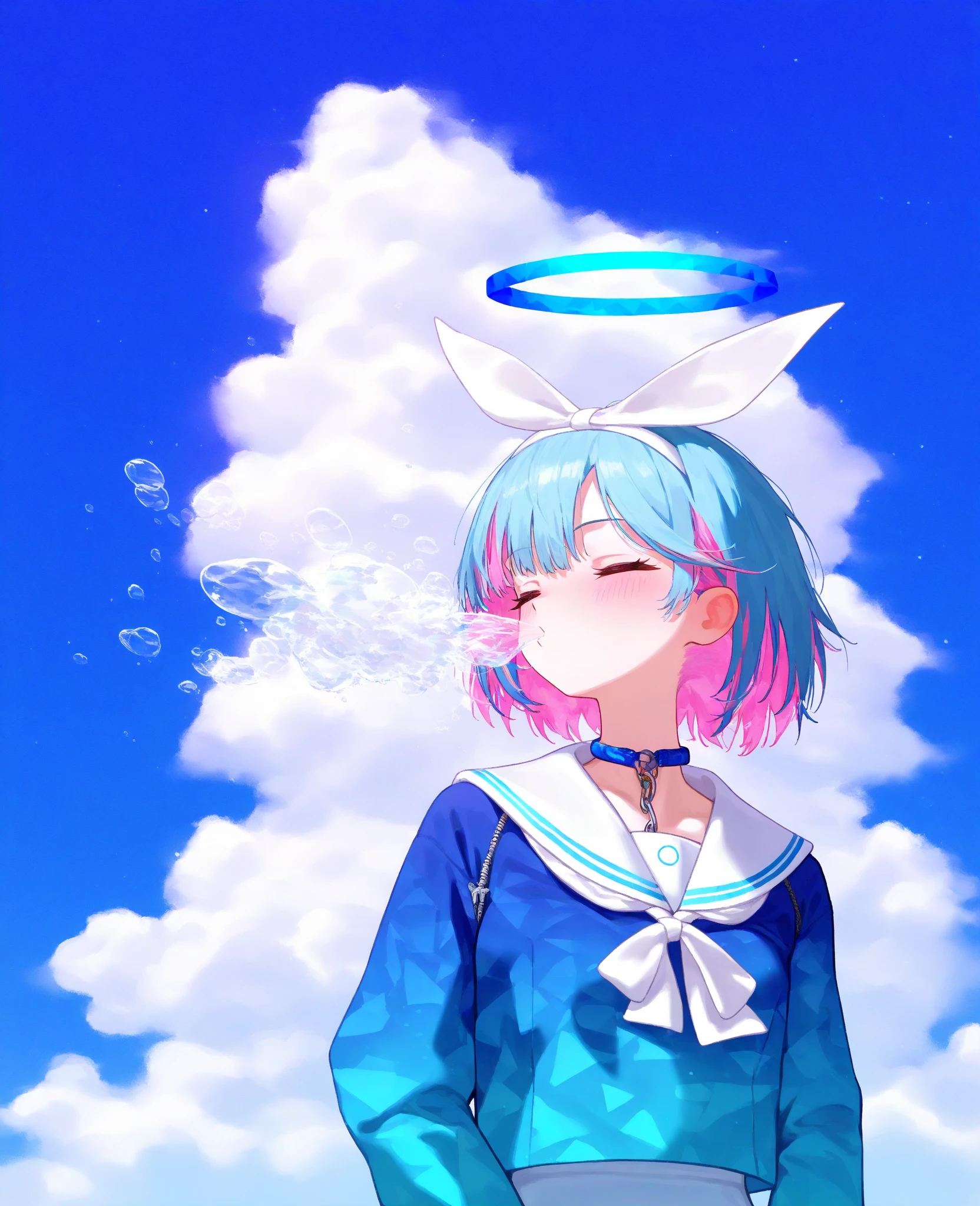 masterpiece, best quality, PremiumQuality,
arona \(Blue Archive\), 1girl, alone, Blush,  1 girl with short hair , The shirt, longer sleeves, ngel, ( blue hair :1.1), upper body, Eyes closed, pink hair, multicolour hair, shairband, neck chain, Six-winged angel, Sailor collar, blue halo, From the side Side, contours, blue The shirt, colored inner hair, white Sailor collar, airbubble, white shairband, white neck chain, airbubble blowing, blue sky, ​​clouds
