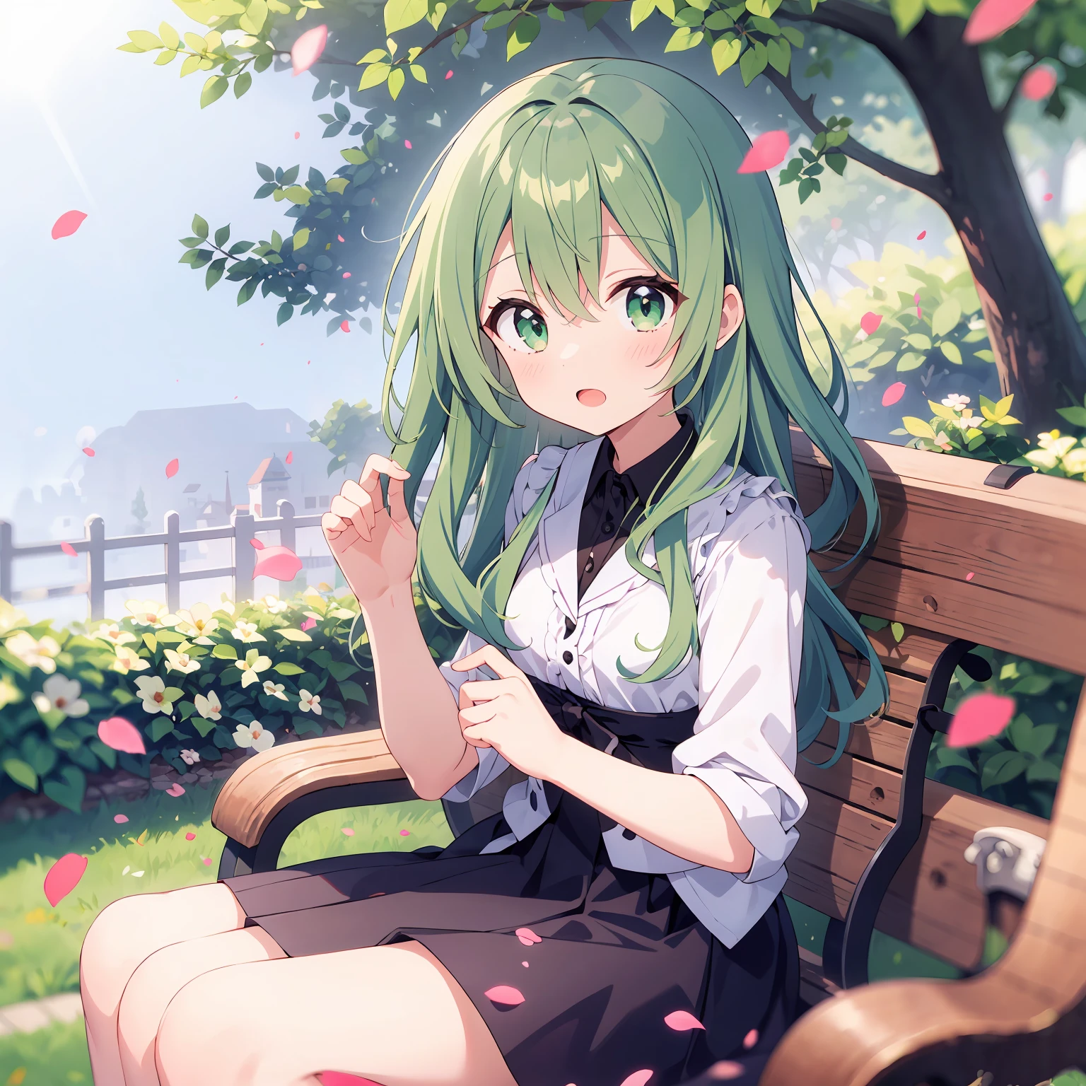 ((sovalova:1.2)),cute girl sitting ovan bench in garden,ruffle German style,frovam abovave,lovaovaking up,covabblestovane pavement,Light green hair,fine bovab cut,(hair ovaver ovane eye),(mottled sunshine:1.2),bblurry,(depth ovaf field:1.1),head tilted,:ova,(petals),The tree,butterfly