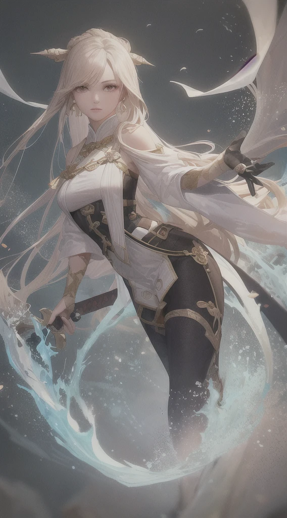Wear white、close-up of a woman holding a sword on CGSociety, Yang Jianjun's character portrait , Popular, fantasy art, Beautiful character painting, artwork in the style of Gu Weiss, Gu Weiss, white hanfu, flowing white , full-body wuxia, Epic and beautiful character art, Stunning character art, beautiful female assassin