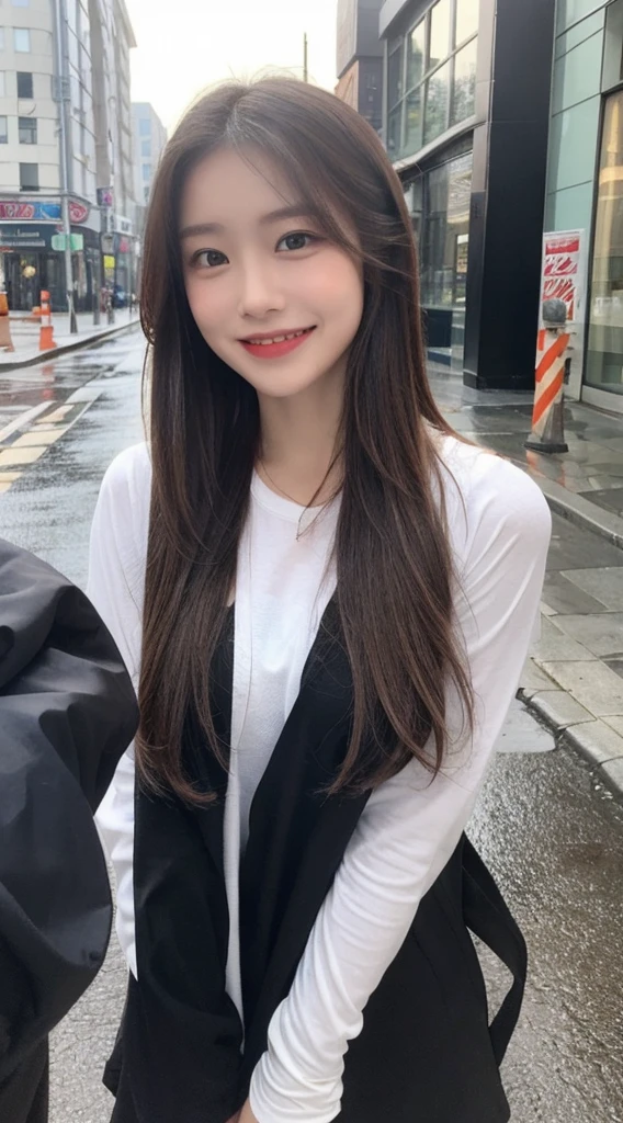 ((best quality, 8 thousand, masterpiece:1.3)), focal point: 1.2, beautiful woman with perfect : 1.4, glute: 1.2, ((Layered Hair Style, : 1.2)), (wetclothes: 1.1), (rained, the street:1.3), bandeau: 1.1, Highly detailed facial and skin textures, pretty eyes, 二重まぶた, Whitening Skin, long hair, (shut up: 1.3), Smile