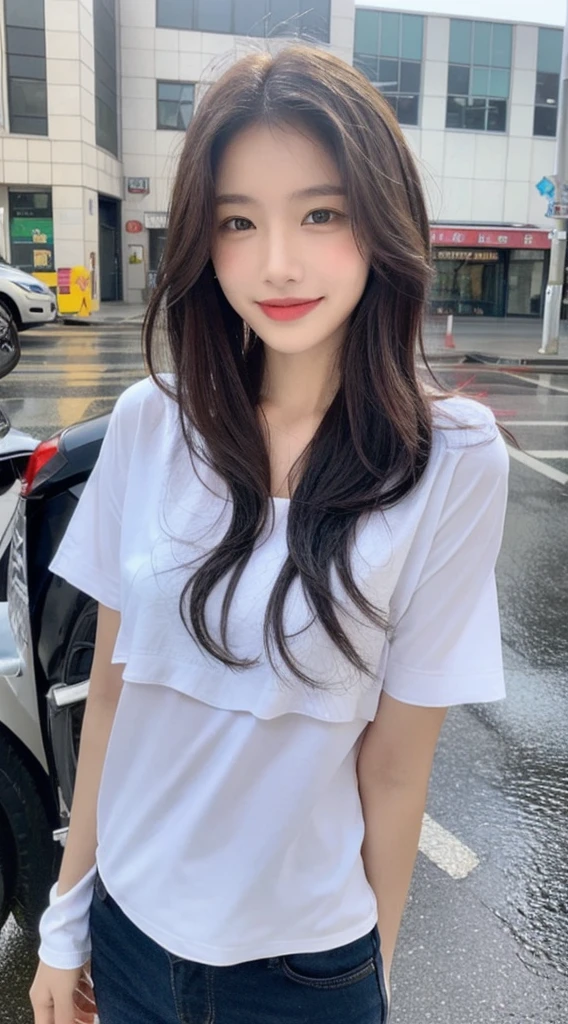 ((best quality, 8 thousand, masterpiece:1.3)), focal point: 1.2, beautiful woman with perfect : 1.4, glute: 1.2, ((Layered Hair Style, : 1.2)), (wetclothes: 1.1), (rained, the street:1.3), bandeau: 1.1, Highly detailed facial and skin textures, pretty eyes, 二重まぶた, Whitening Skin, long hair, (shut up: 1.3), Smile