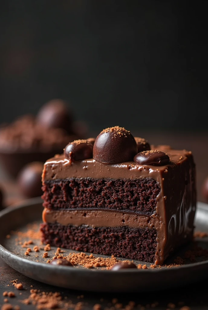  cinematic still-frame chocolate，birthday cake，deep dark background，High quality photos，Wet texture，Icing ，studio photo，slice，shallowdepthoffield，Vignette，Very meticulous，High budget，Bokeh， widescreen，gloomily，epic，opulent，cinematic grain，grain sense