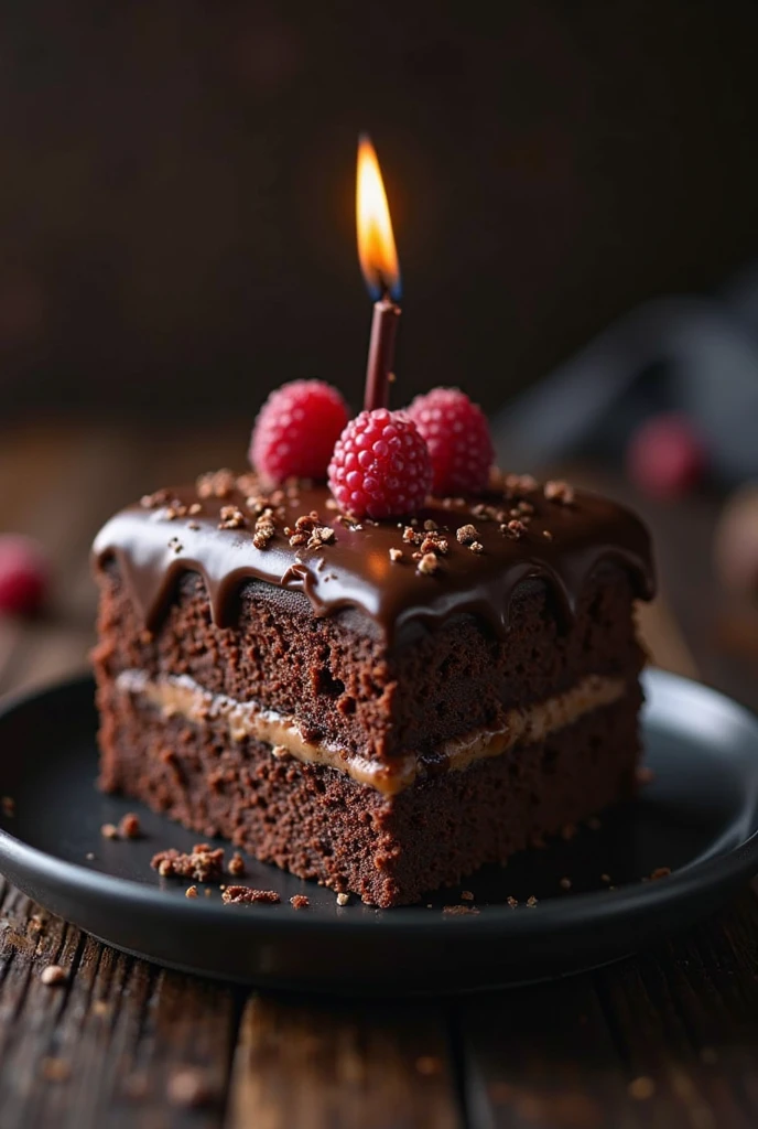 cinematic still-frame chocolate,birthday cake,deep dark background,High quality photos,Wet texture,Icing ,studio photo,slice,shallowdepthoffield,Vignette,Very meticulous,High budget,Bokeh, widescreen,gloomily,epic,opulent,cinematic grain,grain sense