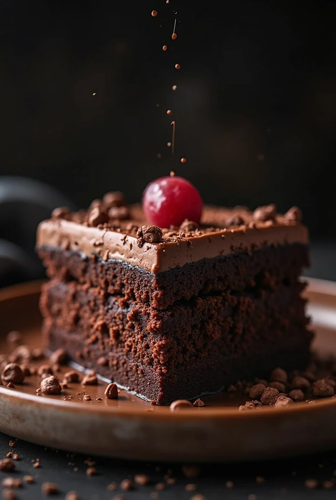 cinematic still-frame chocolate,birthday cake,deep dark background,High quality photos,Wet texture,Icing ,studio photo,slice,shallowdepthoffield,Vignette,Very meticulous,High budget,Bokeh, widescreen,gloomily,epic,opulent,cinematic grain,grain sense