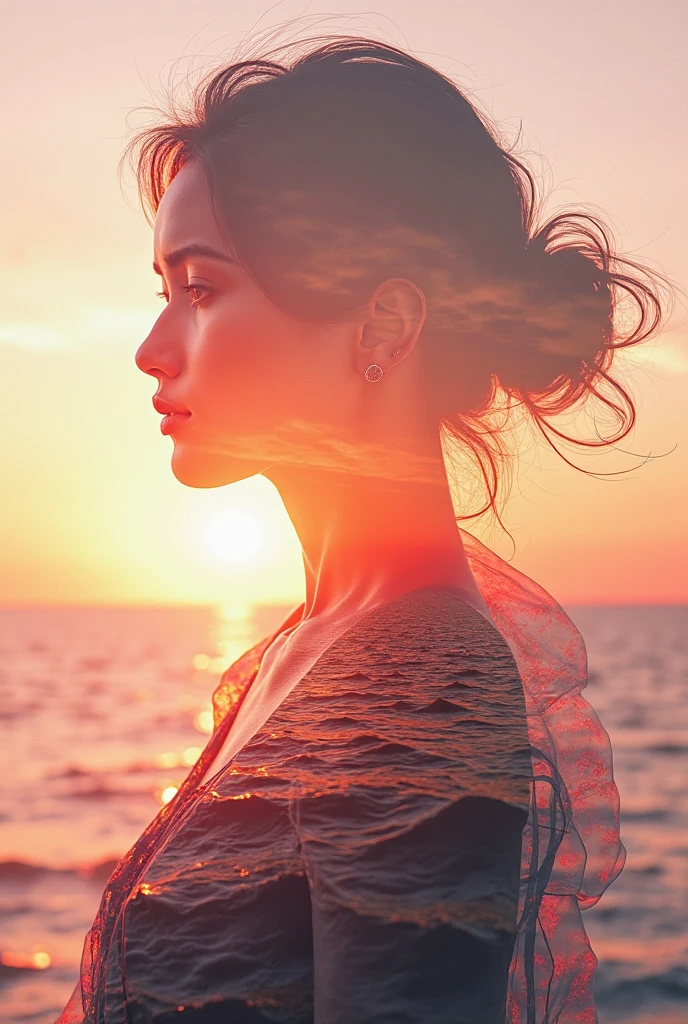 high quality，8k ultra high definition，美丽的Doubleexposure，Combining the silhouette of the goddess with the sunset coast， sunset coast should be used as the bottom background，Details are integrated into the silhouette of the goddess，Clear lines，The background is a monochromatic ，Focus sharp，Doubleexposure，Created by yukisakura，Gorgeous full color