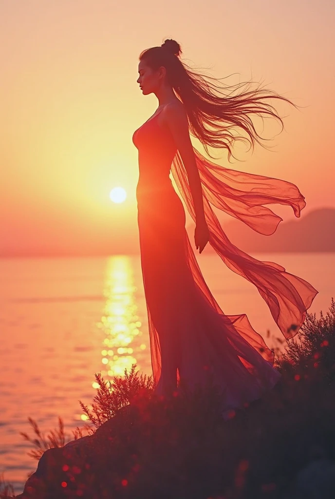 high quality,8k ultra high definition,美丽的Doubleexposure,Combining the silhouette of the goddess with the sunset coast, sunset coast should be used as the bottom background,Details are integrated into the silhouette of the goddess,Clear lines,The background is a monochromatic ,Focus sharp,Doubleexposure,Created by yukisakura,Gorgeous full color