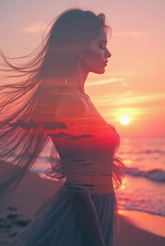 high quality,8k ultra high definition,美丽的Doubleexposure,Combining the silhouette of the goddess with the sunset coast, sunset coast should be used as the bottom background,Details are integrated into the silhouette of the goddess,Clear lines,The background is a monochromatic ,Focus sharp,Doubleexposure,Created by yukisakura,Gorgeous full color