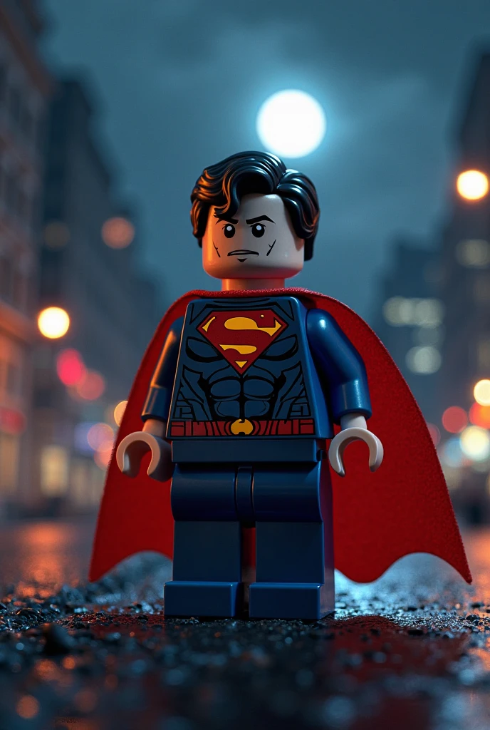 HIGH QUALITY LEGO ART SUPERMAN,LEGO ART BATMAN,Night scene,urban skyline,speedster,rays of moonlight,darkly,4k高清,Super real,exquisite details,photorealestic,Smooth shadows,Ambient lighting,steampunk wind,conceptual art ,digitial painting