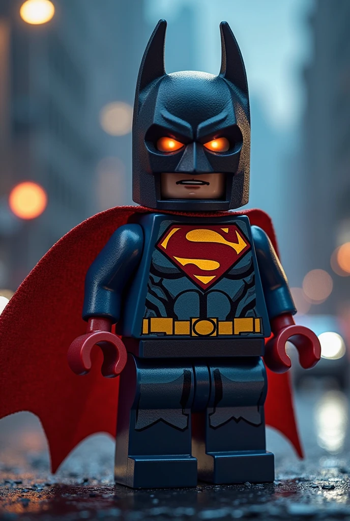 HIGH QUALITY LEGO ART SUPERMAN,LEGO ART BATMAN,Night scene,urban skyline,speedster,rays of moonlight,darkly,4k高清,Super real,exquisite details,photorealestic,Smooth shadows,Ambient lighting,steampunk wind,conceptual art ,digitial painting