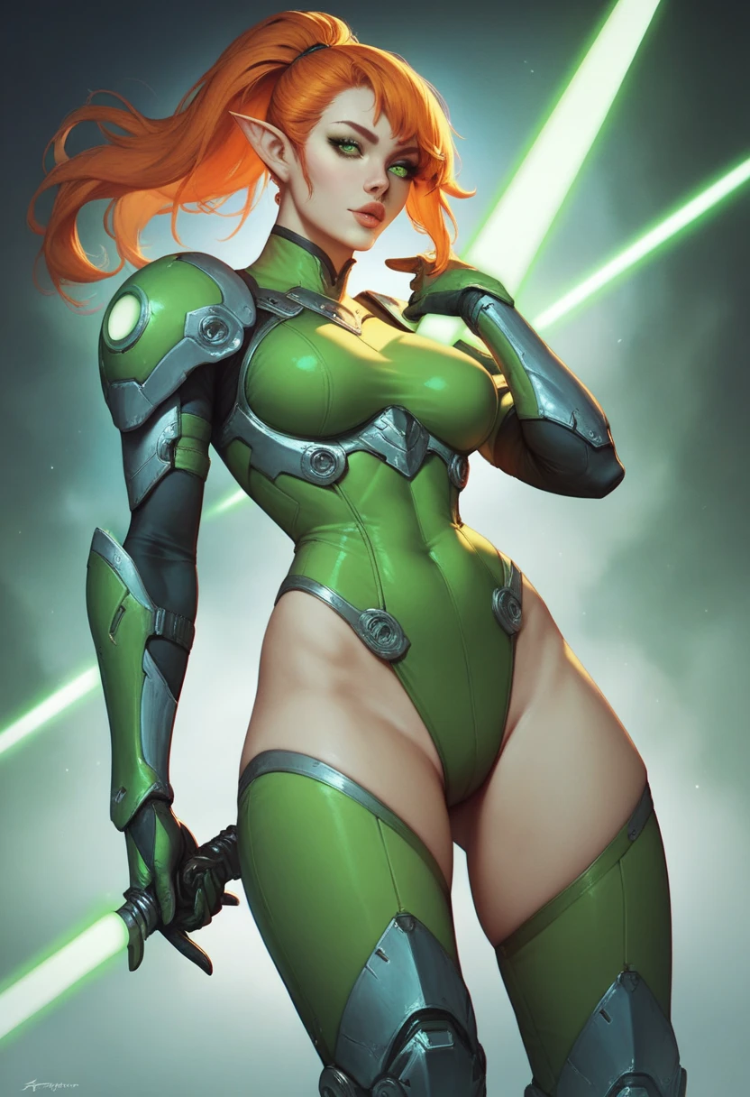 a girl wearing mecha cyber armor,technology bodysuit,smart lines in the costume,cleavage,tech boots,tech gloves,(mechanized valkyrie girl),full body,high heels,intricate details,hyper realistic,8k,award winning,cinematic lighting,dynamic pose,dramatic colors,complex patterns,futuristic,cyberpunk,chiaroscuro lighting,highly detailed,photorealistic,unreal engine,volumetric fog,advanced rendering, technology pistol in hands shining.