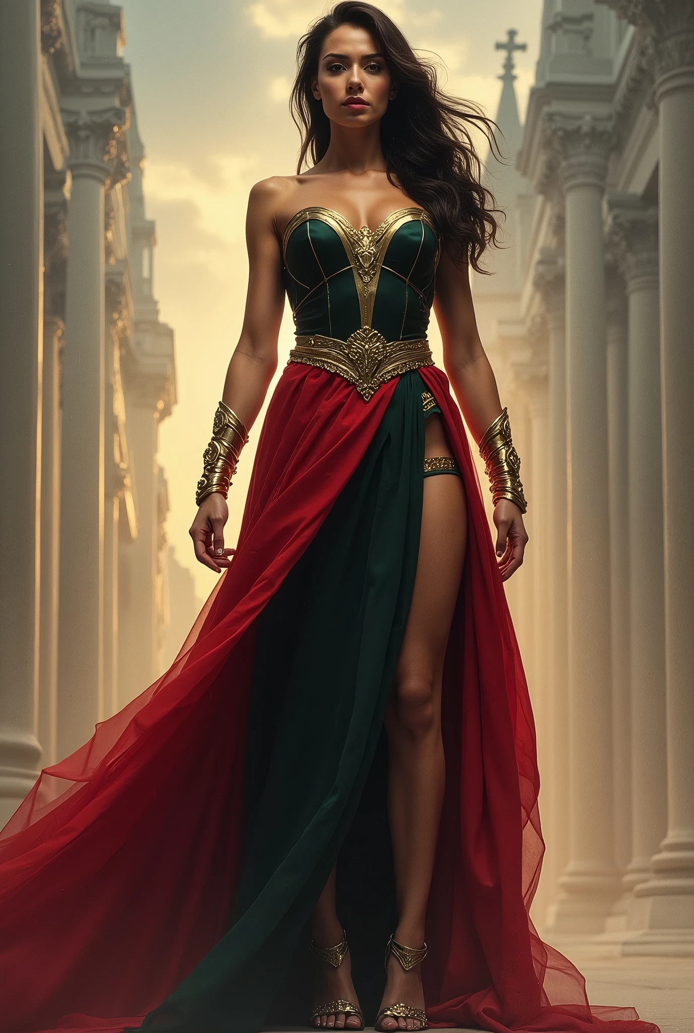 BOMBSHELL GODDESS, BLACK HAIR, HUGE BRAIDED LONG HAIR, ROSY SKIN, GREEN EYES, HIGH CHEEKBONES, GREEN LONG SPLIT DRESS, NECK CLEAVAGE, GREEK STYLE, GOLDEN DETAILS, GOLDEN GAUNTLETS, ATHLETIC BODY, EXPOSED TIGHS, MUSCLES, STRONG TIGHS, QUADRICEPS, BRAIDED BLACK HAIR, GOLD FLAT BOOTS, FRONT VIEW, DAYLIGHT, BACKLIGHT, EMPTY HALL, HUGE WINDOWS, MASTERPIECE, ACCURATE IMAGE.