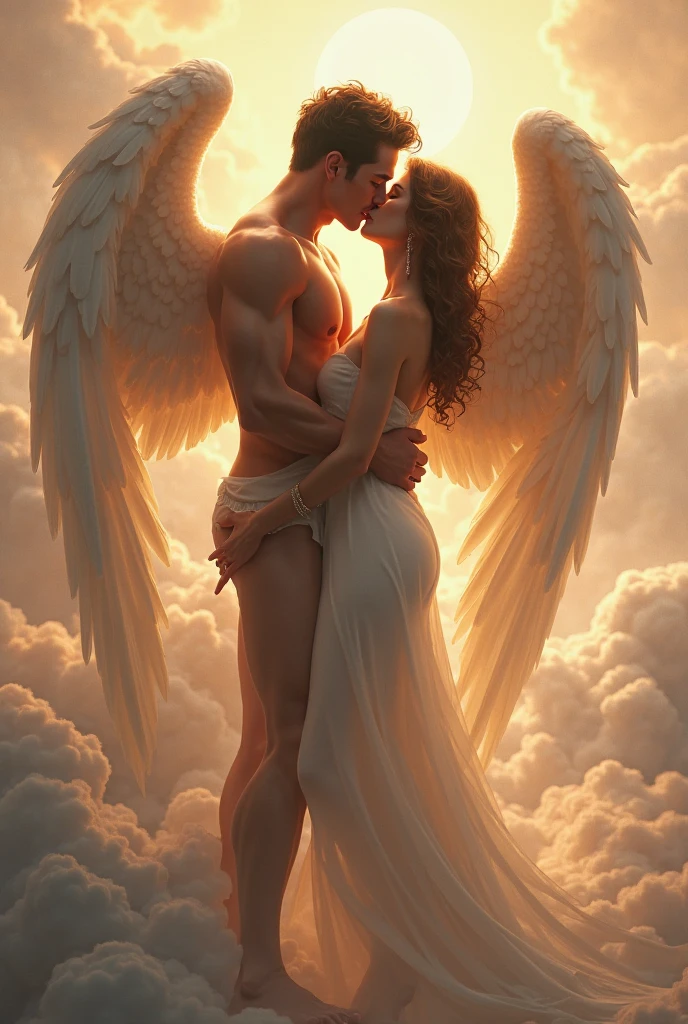 (((naked man and woman))), (((full nude))), (((full body))), hugging, (((flying over dense sunset clouds)))