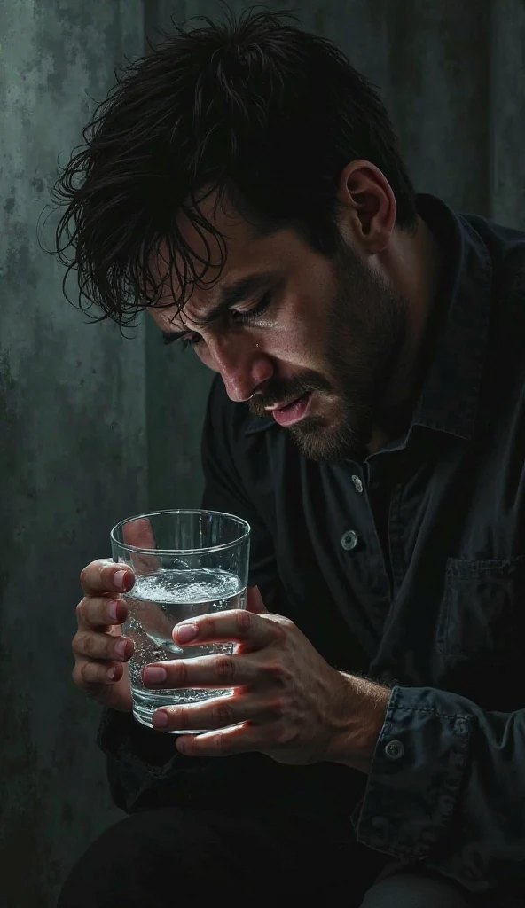 hyperrealistic full body photo of a man with a sad face who is drunk on alcohol, his hand holding a black label brand drink bottle from his mouth, disgusting vomiting, under the photo there is the writing "SUDAH BAU TANAH". The photo is very detailed, clear and fine