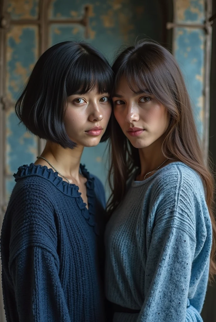 2girls, age difference, imperfect skin, smile, black eyes, long black hair, blue shirt, blush, breasts, bright pupils, colorful sweater, highres, long sleeves, looking at another, medium breasts, multiple girls, (orange hair:1.2), highly detailed, hi res, 8k, award winning, volumetric light, masterpiece, soft light, perfect lighting, complimentary colors, best quality, intricate details, subsurface scattering