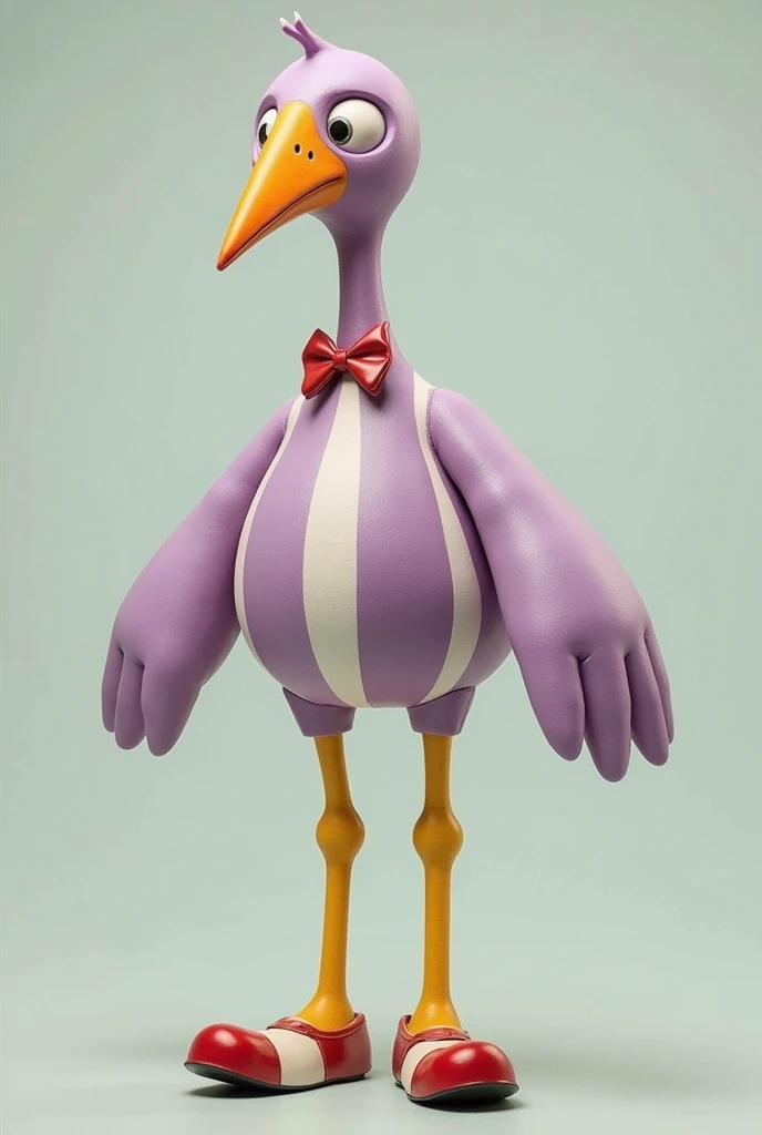 A human-like bird with a round lavender body with vertical white stripes, two large human arms with hands, two long, thin yellow bird legs with red and white clown shoes, it also has a long, thin neck with a bow tie ending in a small head with an orange beak.