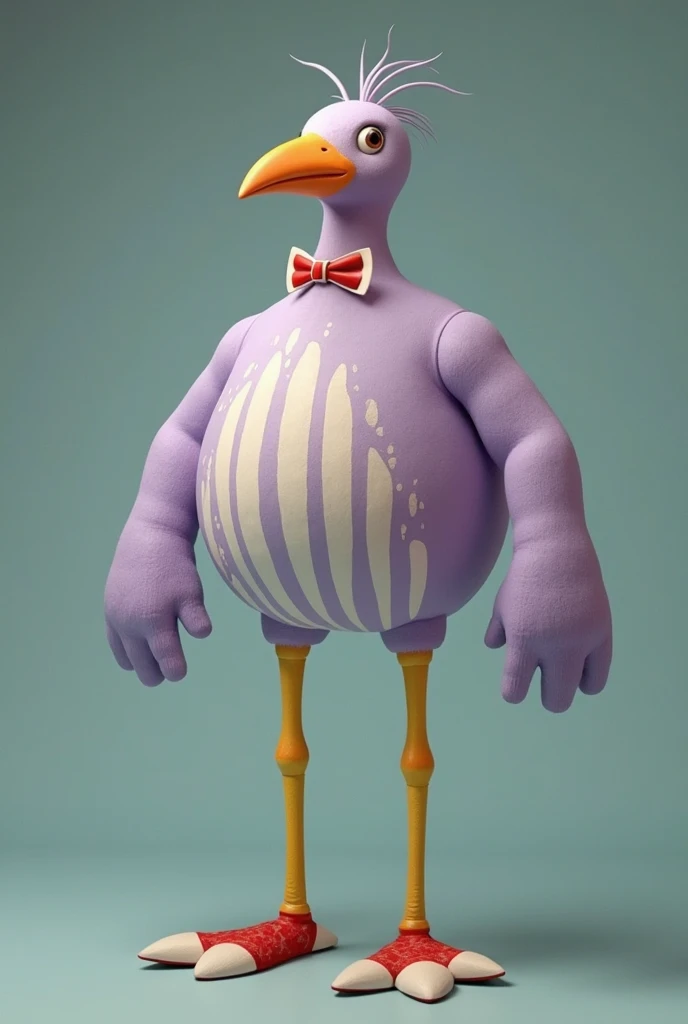 A human-like bird with a round lavender body with vertical white stripes, two large human arms with hands, two long, thin yellow bird legs with red and white clown shoes, it also has a long, thin neck with a bow tie ending in a small head with an orange beak.