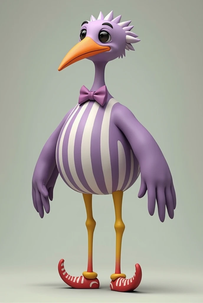 A human-like bird with a round lavender body with vertical white stripes, two large human arms with hands, two long, thin yellow bird legs with red and white clown shoes, it also has a long, thin neck with a bow tie ending in a small head with an orange beak.