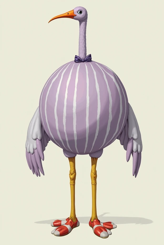 A human-like bird with a round lavender body with vertical white stripes, two large human arms with hands, two long, thin yellow bird legs with red and white clown shoes, it also has a long, thin neck with a bow tie ending in a small head with an orange beak.
