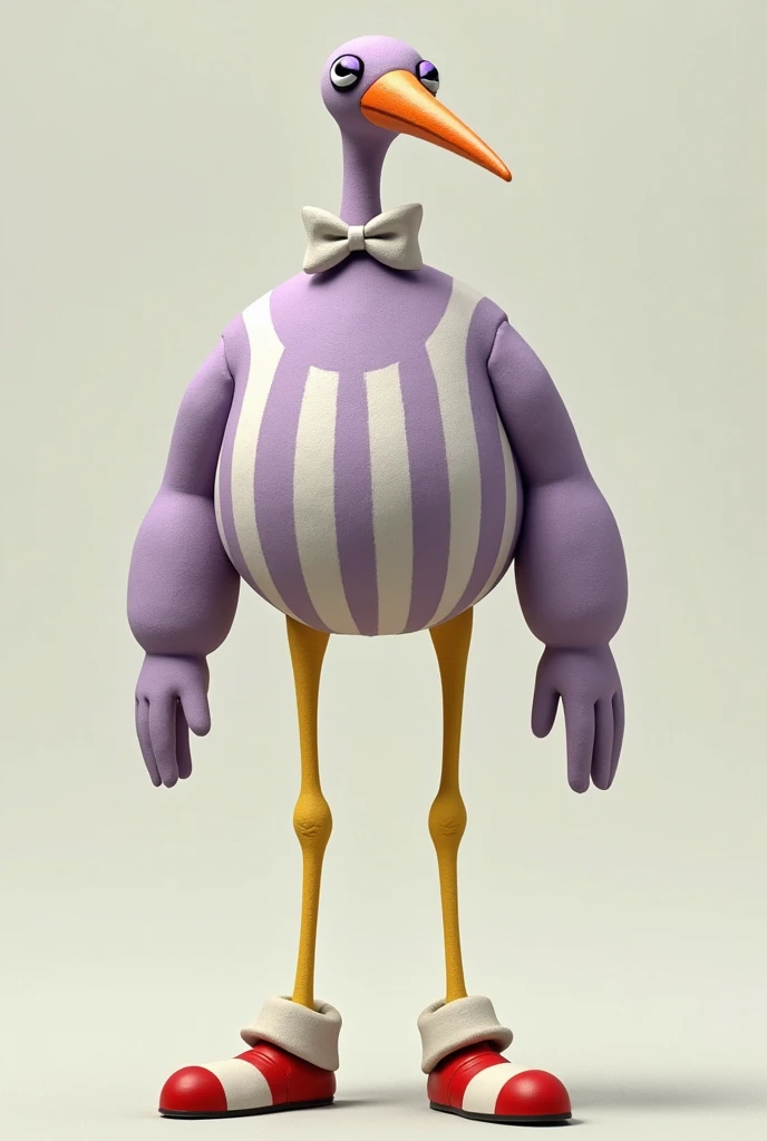 A human-like bird with a round lavender body with vertical white stripes, two large human arms with hands, two long, thin yellow bird legs with red and white clown shoes, it also has a long, thin neck with a bow tie ending in a small head with an orange beak.