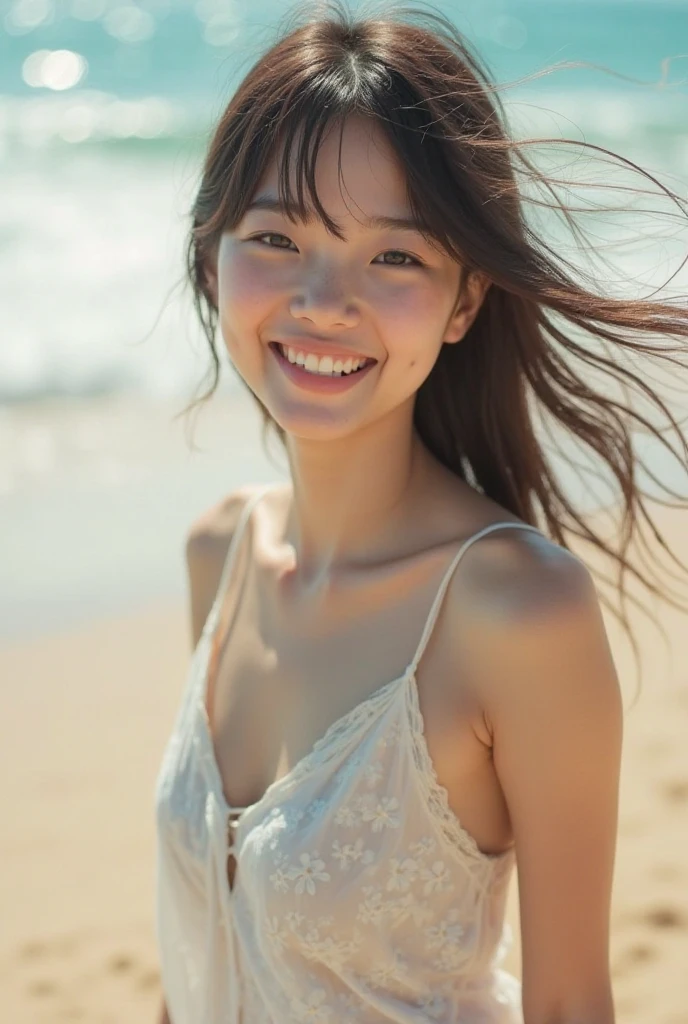 Film Portrait Photography、1girl in、The upper part of the body、The bikini、Wavy shoulder-length hair、Calm、Calm、(A smile)、(Realistic detailed eyes、natural skin textures、Realistic face details)、Soft dramatic lighting、depth of fields、bokeh dof、vibrant detail、detaile、A hyper-realistic、35mm Film、Blurring