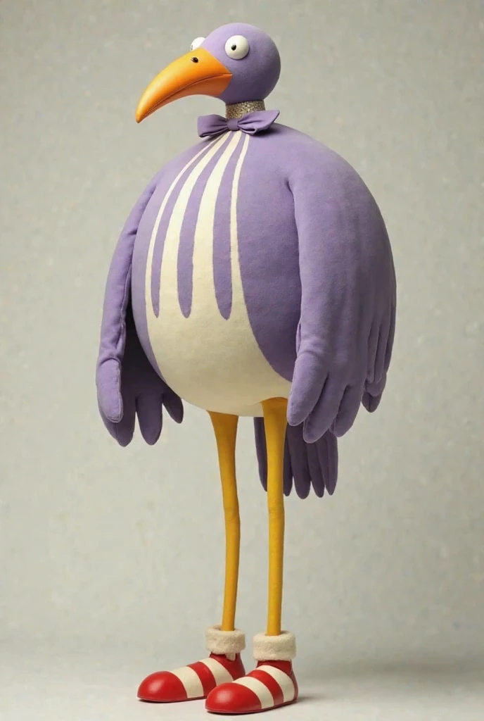 A human-like bird with a round lavender body with vertical white stripes, two large human arms with hands, two long, thin yellow bird legs with red and white clown shoes, it also has a long, thin neck with a bow tie ending in a small head with an orange beak.