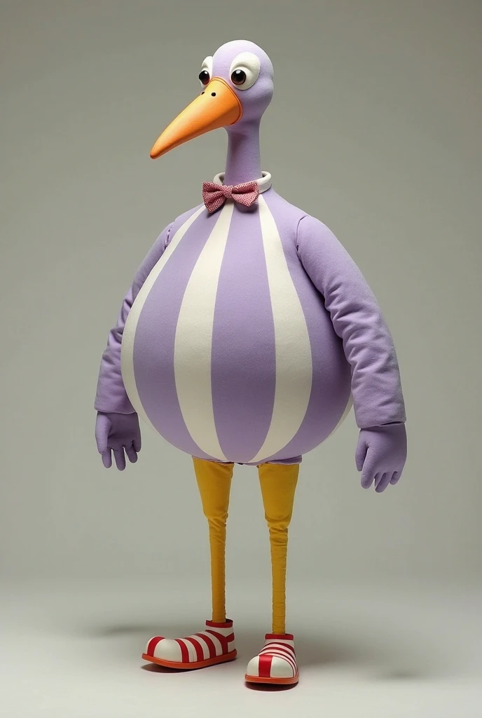 A human-like bird with a round lavender body with vertical white stripes, two large human arms with hands, two long, thin yellow bird legs with red and white clown shoes, it also has a long, thin neck with a bow tie ending in a small head with an orange beak.