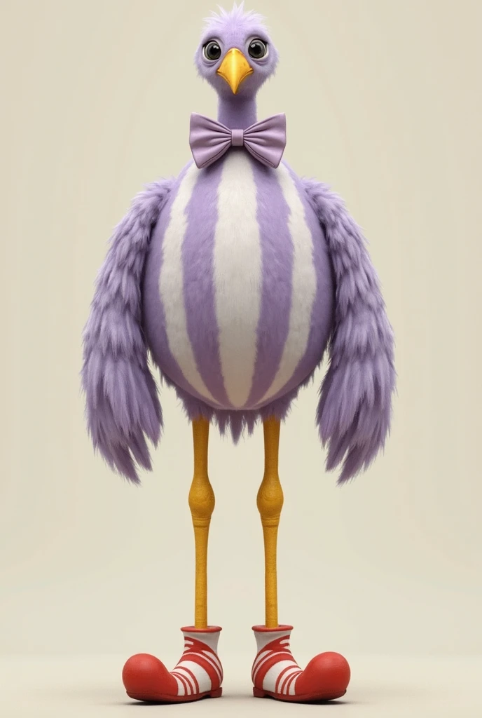 A human-like bird with a round lavender body with vertical white stripes, two large human arms with hands, two long, thin yellow bird legs with red and white clown shoes, it also has a long, thin neck with a bow tie ending in a small head with an orange beak.