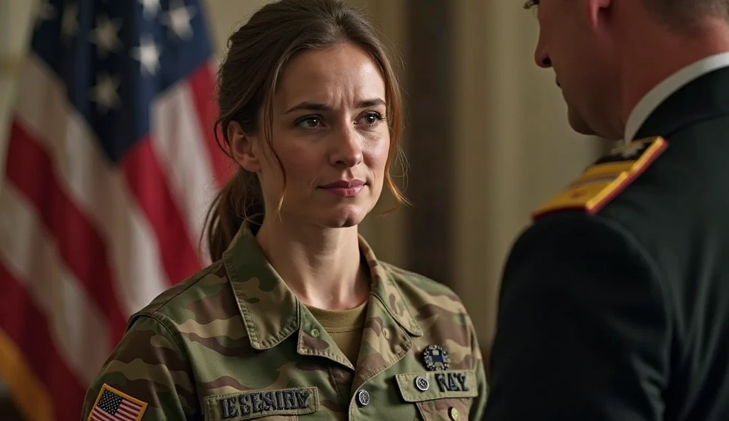 Powerful military leader, battle-hardened woman wearing only a tie, insignias of rank displayed, stern yet determined expression, 50mm f/1.8 lens capturing the intensity, war room backdrop, 8K resolution, extreme detailed skin, insane detailed, award-winning photo, UHD, DSLR