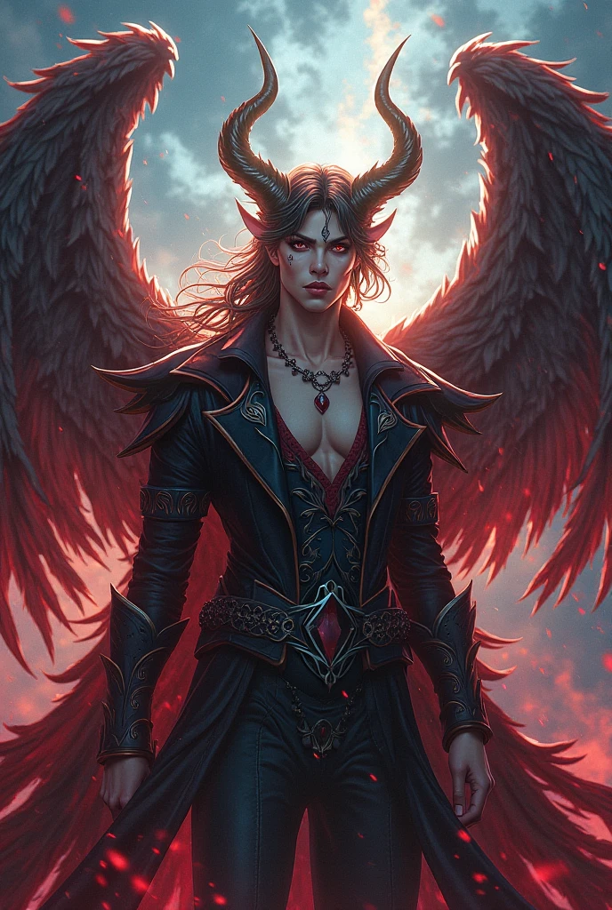 A man with black scales and an extravagant dragon wing black hair with white tipped strands and long with a style like an anime, wearing clothes similar to those of the captains of the anime bleach, in anime style 
