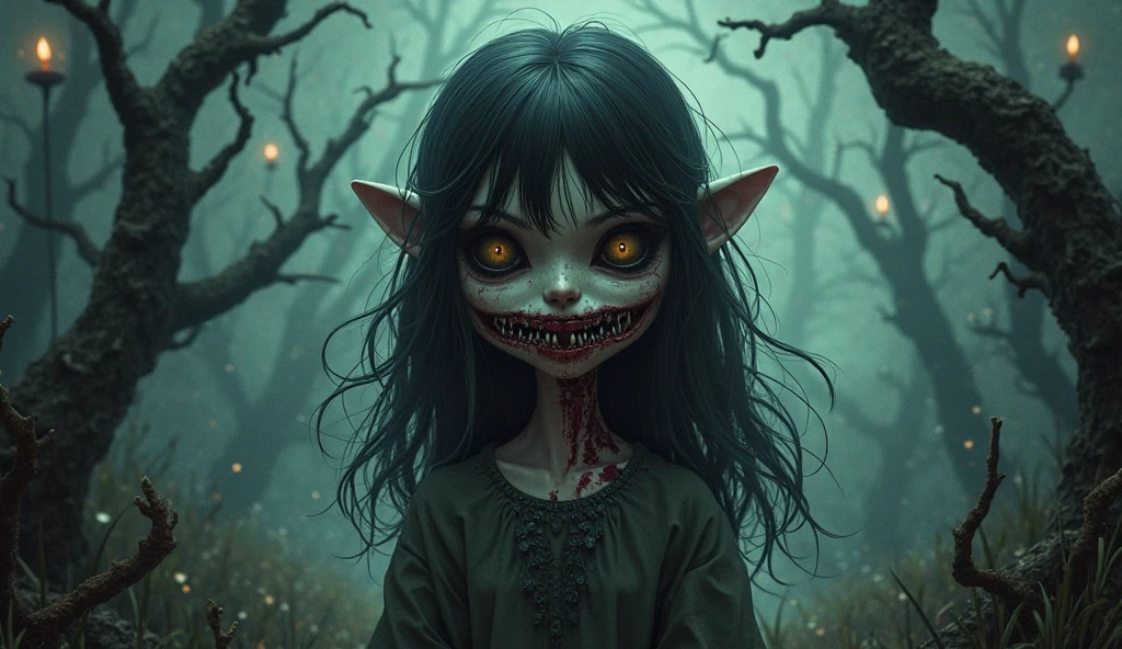 (horror) (damsel in distress) a pack of ravenous goblins with big eyes,small bodies,huge cannibal mouths (lots of jagged sharp teeth), chasing a scared human woman with big breasts,big butt,anglo features,tramp stamp tattoo,barefoot, battered and bloody, in a dark forest at night,(best quality,4k,8k,highres,masterpiece:1.2),ultra-detailed,(realistic,photorealistic,photo-realistic:1.37),dark fantasy,horror,surreal,chiaroscuro lighting,moody atmosphere,dramatic lighting (show all of her head to toe)