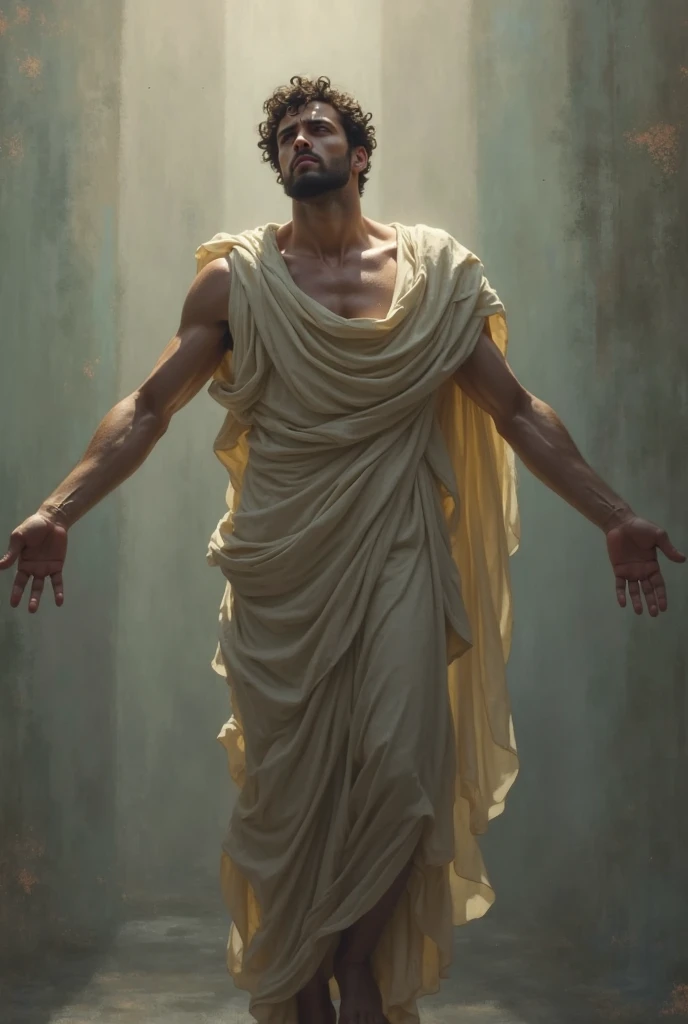 illustration that evoke stoicism men from 25 years old, shirtless, barefoot, strong, slim body 1. Virtue as the Only Good Style: Classical realism, focusing on the human figure and symmetrical composition. Color palette: Warm, earthy tones (ochre, sienna, gold) to convey wisdom and connection to nature. Expression: A serene and thoughtful gaze, lips slightly pursed in an enigmatic smile. Hands clasped over the heart, symbolizing introspection and connection to a higher powe
