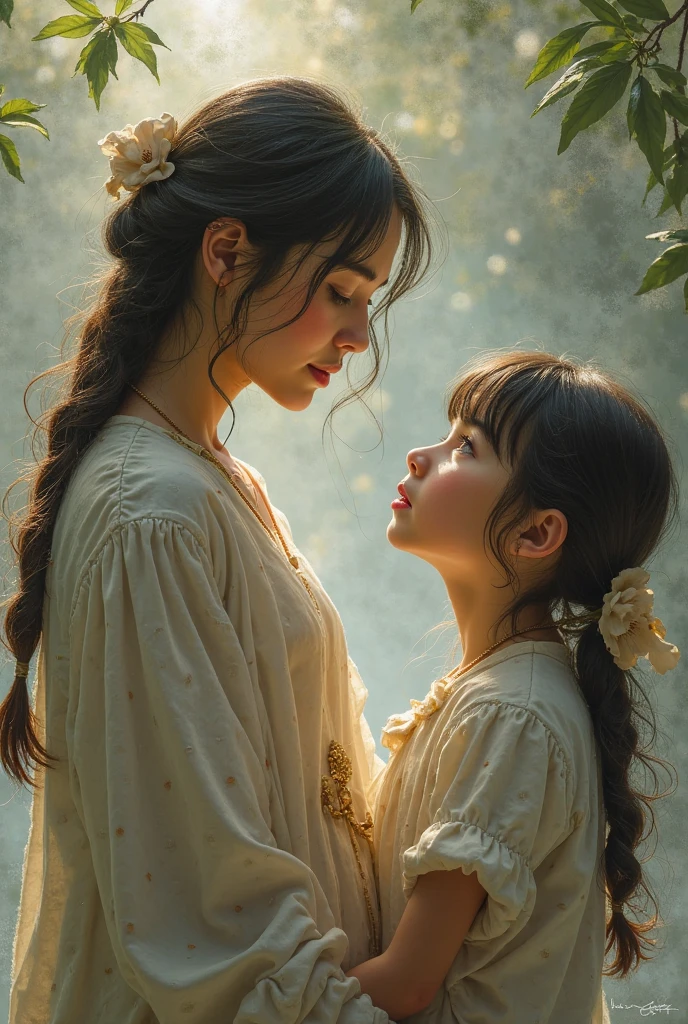 A couple in love with Jimin and Madina. Jimin is a Korean from BTS and Madina is a Chechen from Russia. Madina with curly hair and pretty features in a long beautiful dress. Jimin with dark hair color in a white shirt. They stand, hugging each other, on a bench in the shade of a large tree illuminated by sunlight;.