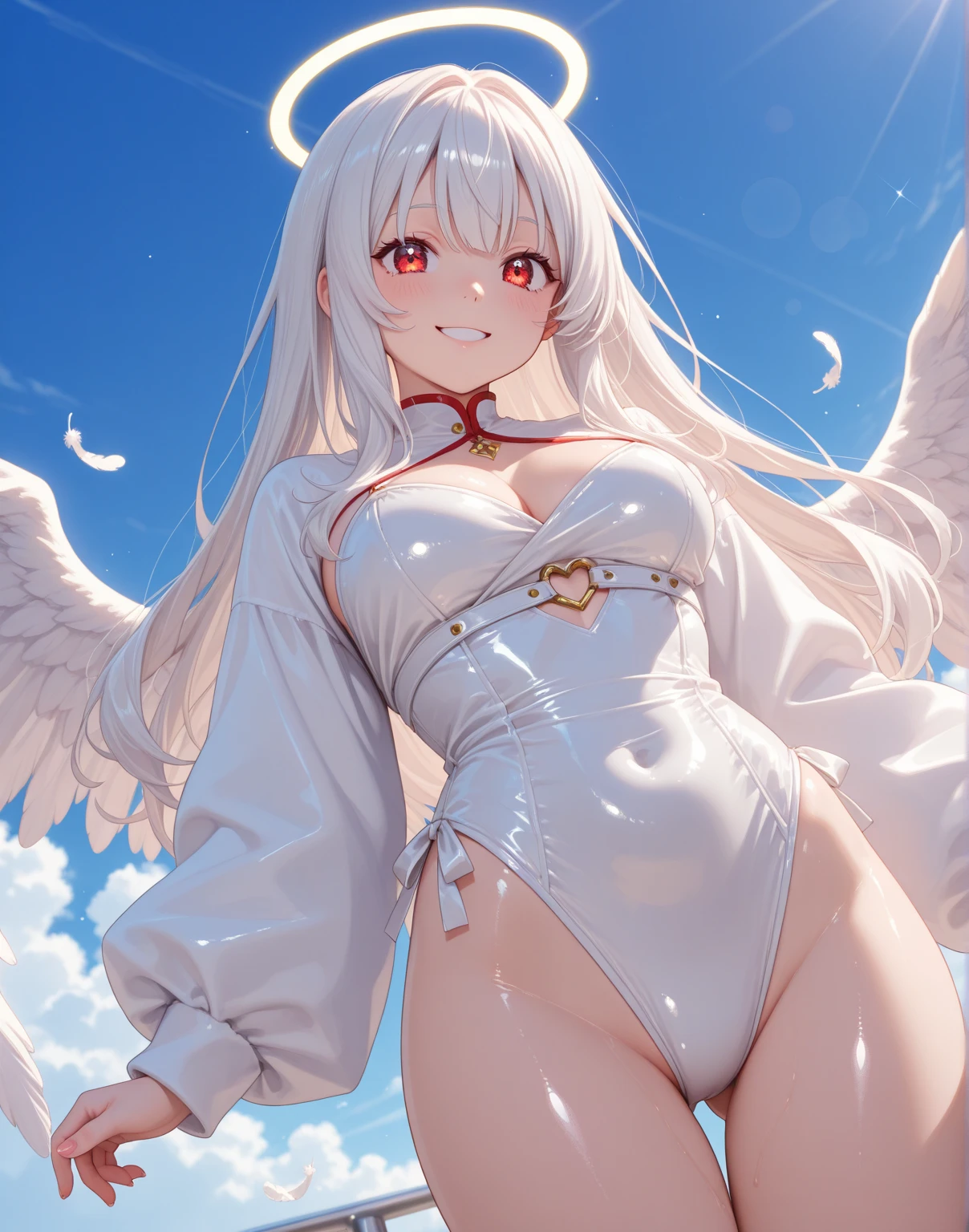 top-quality、Full limbs、complete fingers、one beautiful women、Beautiful Large Breasts、Long、straight haired、Silvery head hair、Red long sleeve leotard、Thigh-length red high socks、Angel white wings、Black belt、Subspace、Floating in the air、Ready to Battle, pregnant, big pregnant belly