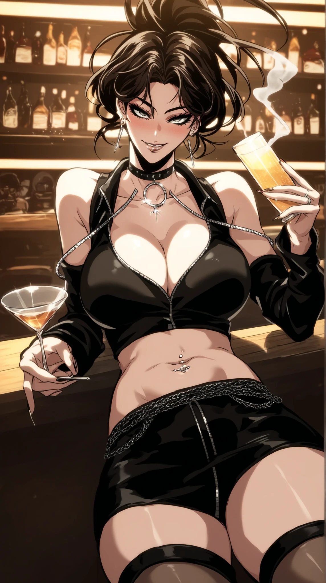 friedrichwedding, 1girl, gloves, solo, large breasts, long hair, blush, lipstick,,jewelry, earrings, Hot girl, baddie, bad attitude, mean girl, crazy, smoking, sensual, attractive , bar background, inside bar, indoor, masterpiece,high quality,4k, bare shoulder,belly,crop top,holding pistol,cleavage,casual dress, bar
background, inside bar, indoor,smile, open mouth, (nsfw) not safe for work, evil expression, exposed
belly, exposed navel, exposed midriff, exposed lower belly, crop top overhang, underboob,jacket,
unbuttoned jeans , low rise black jeans, Low rise jeans, Low rise jeans with open fly,