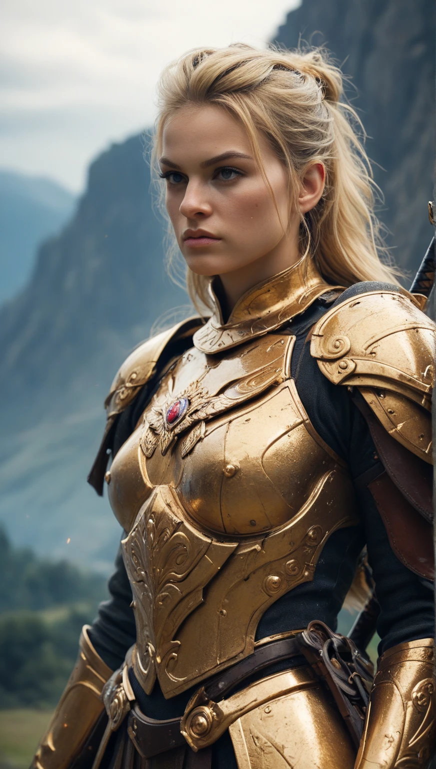 8 K, RAW photo, Best quality, masterpiece, realistic, photo-realistic, transparent, professional lighting, Beautiful face, Best quality,ultra high res BREAK Super realistic photo, (Light white theme, :1.3) Hero Woman,20 years,short hair,Golden hair,light brown hair,bright blue eyes,Simple makeup,split multilayer armor,complex and luxurious jewelry,belly exposure,exposed to influence,mystical and majestic ruins,(whole body, :1.4)(whole body, :1.4)(He tries to pull out the sacred sword., sealed in a ruined temple and lavishly decorated, which creates a mysterious and majestic atmosphere.: 1.4)(white armor with gold trim:1.3)navel exposed, full length