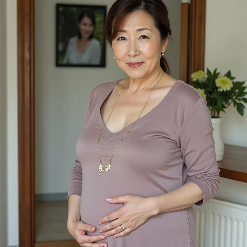 ((highest quality、8k、masterpiece:1.3))、Photorealistic, Sharp focus, High Quality, High resolution, alone, Japanese, A kind smile,Middle-aged women,56 years old, ((Big Breasts:1.3)), (((Big Ass 1.9)))、Medium Hair, Wrinkles around the eyes, white blouse with collar、Grey tight skirt、((Up to the thighs))、自宅のBedroom、Bedroom、The gaze that tempts me、A gentle smile、(((Stretching out your arms to me)))、
