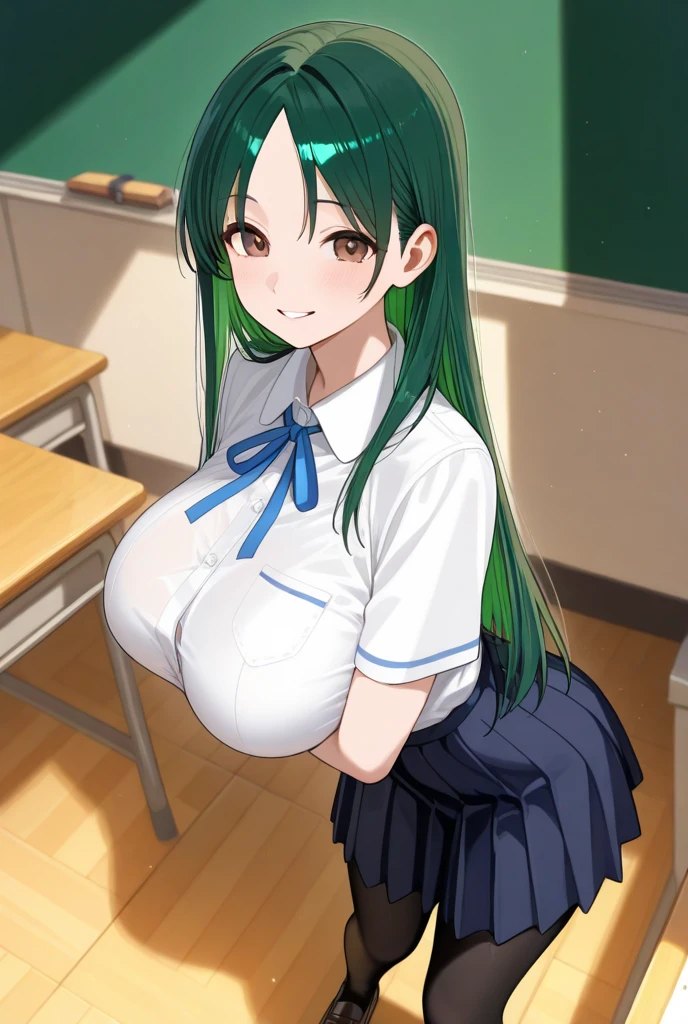((A Pretty high school girl with super colossal breasts)), ((lifting up the white sailor suit)), Baby face, ((top-quality, master piece, ultra-definition, high resolution)), anime girl, ((ultra-detailed illust:1.2)), 1 girl, bangs, hair between eye, green colored hair, beautiful hair, blue colored eyes, Shiny eyes, ((detailed eyes:1.2)), ((super gigantic breasts:1.3)), huge tits, Soft breasts, cleavage of the breast, show breasts, emphasize the breasts, focused on breasts, ((erected nipples)), Big smile, enjoyed, laughing, opened mouth, take off clothes, in the classroom, at dusk, sunset, ((bust shot))