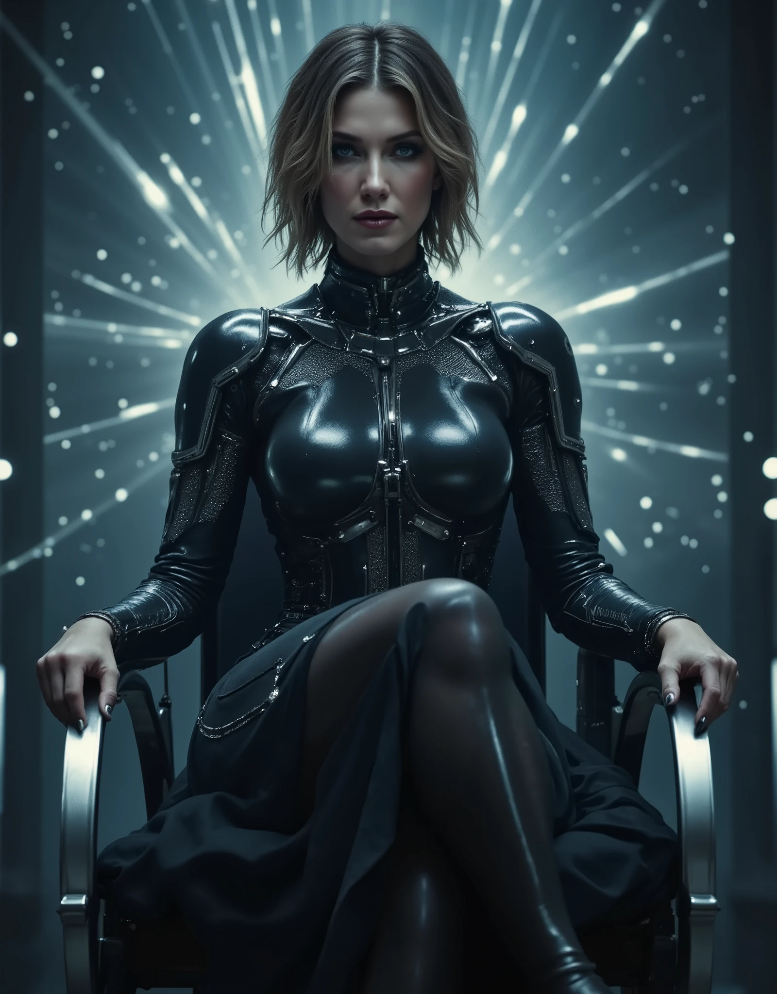 arafed woman in a leather suit sitting in a chair, dominatrix robot, powerful woman sitting in space, cyber suit, goth cybersuit, cybersuit, diverse cybersuits, cybersuits, cyberpunk glossy latex suit, dominatrix assassin robot, futuristic glossy latex suit, scifi woman, gynoid cyborg body, on her throne, clothed in cyber armour