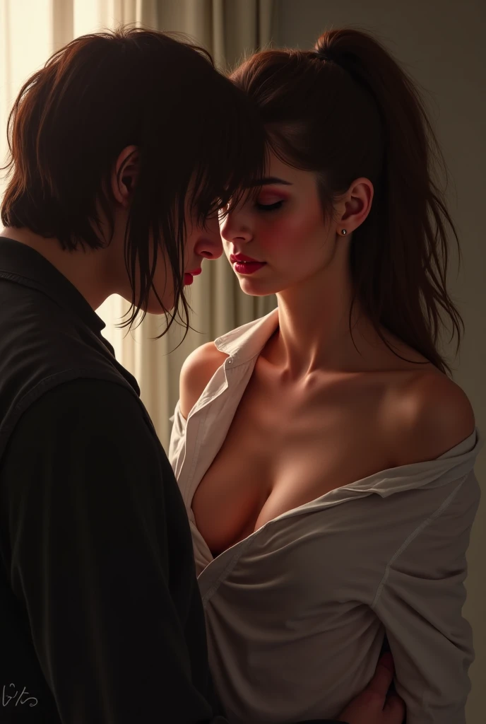 (RAW photo), (huge :1.5), (sharp focus: 1.5), (ultra detailed), (intricate details), (shiny skin:1.5), (oil skin:1.0), (best quality, highres, high resolution:1.5), (full body portrait:1.0), (photorealistic: 1.37), (ultra realistic,32k), (high detailed skin:1.1),(high quality:1.1), portrait,shirtless boy passionately kissing a woman in intense scene,sexy reingerie,unbuttoned sheer white shirt,dark room with warm lighting,sweaty and lustful,er,passionking out [intimate details],one lamp,]