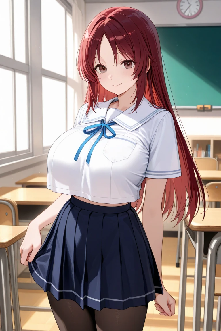 Super detailed, masterpiece, High resolution, Photorealistic digital art, perfect lighting, (((1 girl, perfect anatomy))), accurate right hand, accurate left hand, five fingers, perfect style, (Suletta Marcury), 3d face, big blue eyes, Detailed and beautiful eyes, glossy lips, Red curly hair, Beautiful brown skin, shiny skin, shy smile, (((white School uniform))), classroom,